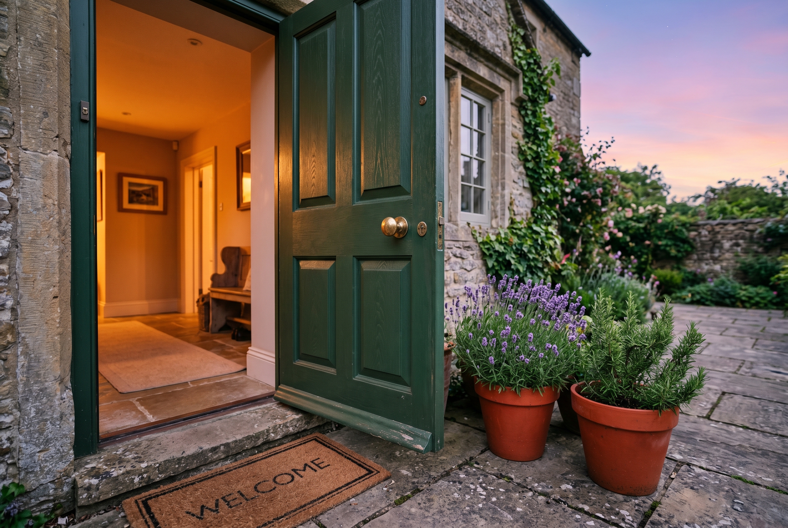 A welcoming open front door with a welcome doormat