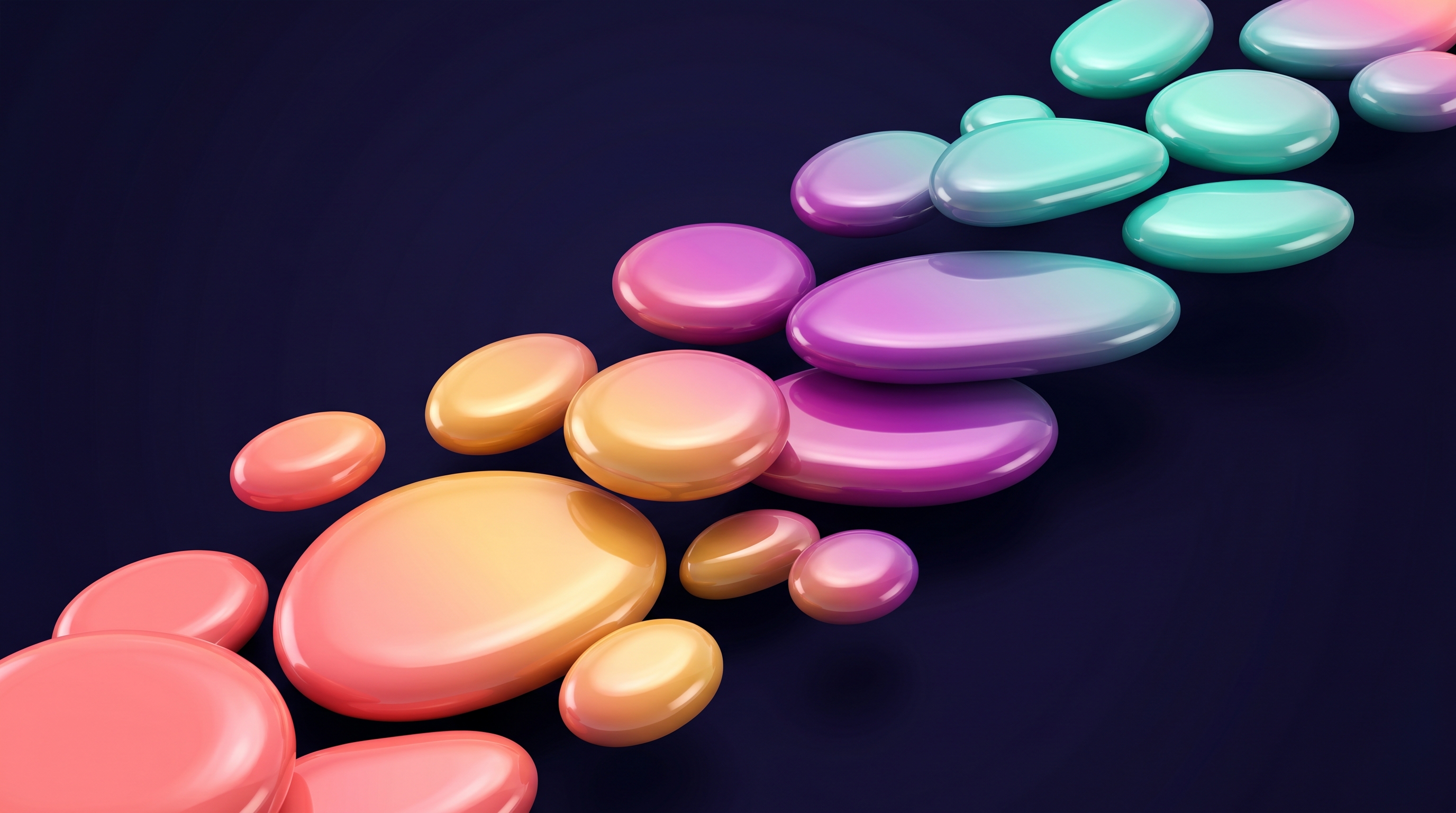 Glossy colourful stepping stones ascending across a deep indigo space