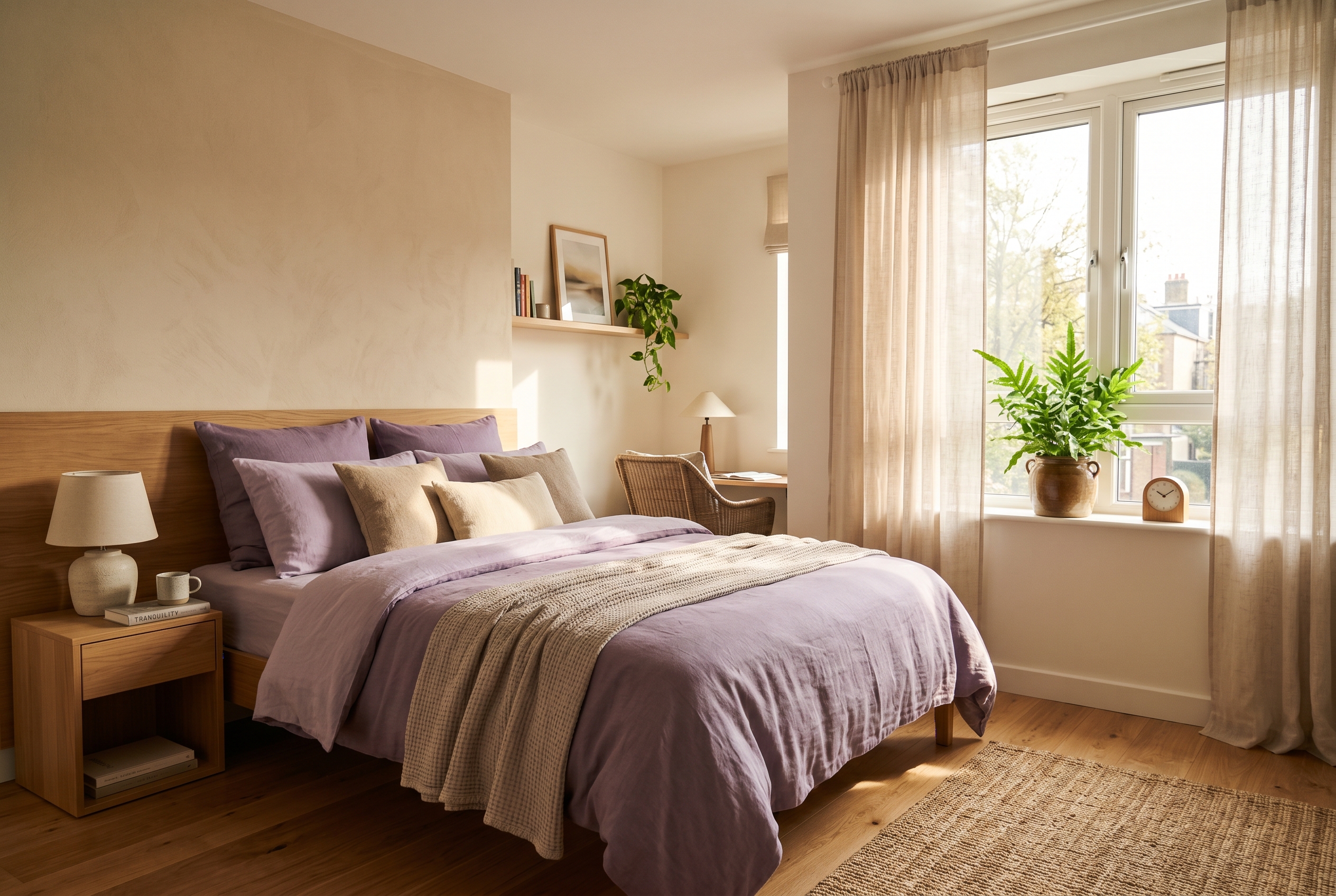 A warm, welcoming bedroom with soft purple linen and morning light